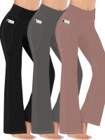 Paquete de 3 Pantalones Deportivos para Mujer, Tallas Grandes Costura Detalle Cintura Alta Pantalones de Yoga de Pierna Acampanada con Bolsillos para Teléfono Conjunto de 3 Piezas Adecuado Primavera/Otoño - details 0