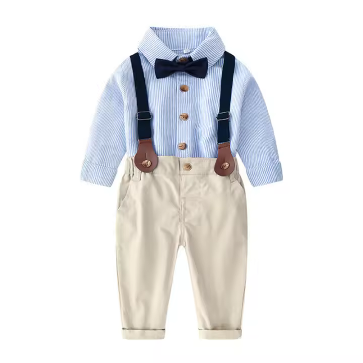 Traje de primavera y otoño para niños, estilo coreano, camisa de algodón a rayas multicolor con cuello vuelto para niños grandes, overoles para niños - 1