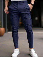 2025 pantalones de pierna pequeña ajustados informales con cremallera y bolsillo ajustado de color sólido para hombre - details 1