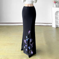 BUNO-Faldas góticas oscuras elegantes con estampado de moda para mujer, faldas acampanadas de malla de retales, falda larga a la cadera Y2K, pantalones de hadas, ropa de calle gótica - details 6