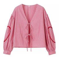 BUNO-Tops a cuadros para mujer, ropa y2k con cuello en V y corazón, blusa holgada de manga larga con lazo frontal abierto, ropa de calle de los años 2025 - details 2