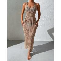 Vestido informal semitransparente de punto para mujer, vacaciones en la playa, estilo europeo, sin mangas, con espalda abierta - details 0
