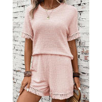 Conjunto de dos piezas con textura de ribete Tael, versátil, sencillo, de Color sólido, novedad de verano para mujer - details 5