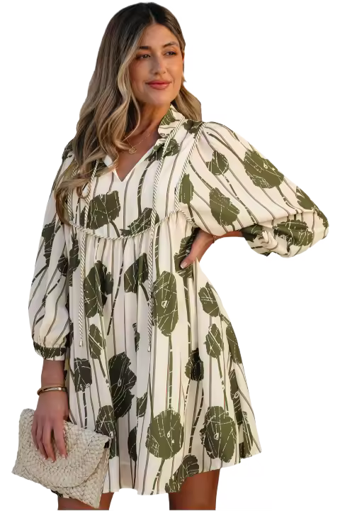 Elrachen Vestido de mujer con mangas abullonadas y rayas florales, verde guacamole, tallas S-XL - 1