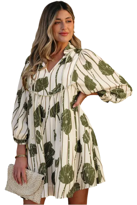 Elrachen Vestido de mujer con mangas abullonadas y rayas florales, verde guacamole, tallas S-XL - 1