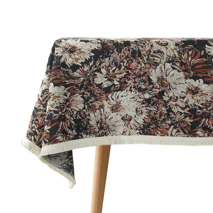 Mantel Decorativo de Estilo Pintura al Óleo Resistente a Manchas, Patrón de Flores Botánicas, Diseño de Borlas Cuadrado - 1