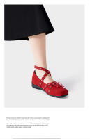 Arco rojo solo zapatos de las mujeres francés retro pequeños zapatos de cuero nuevo remache hebilla de cinturón pisos de ballet - details 12