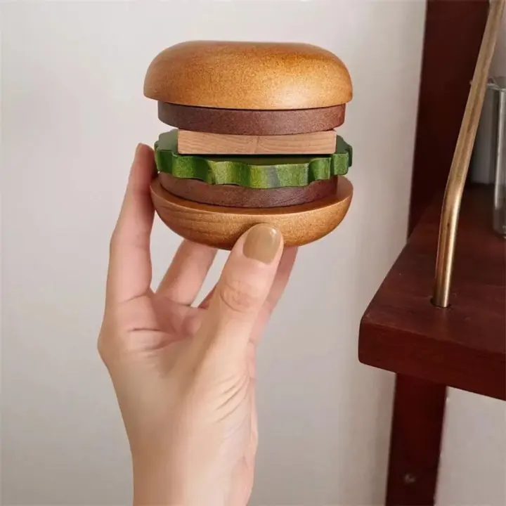 Bandeja de Té en Forma de Hamburguesa 6 Unidades, 6 en 1, Posavasos de Madera Maciza, Mesa, Magdalenas, Aperitivos, Postres, Almohadillas Antideslizantes, Aislamiento para Hamburguesas - 1