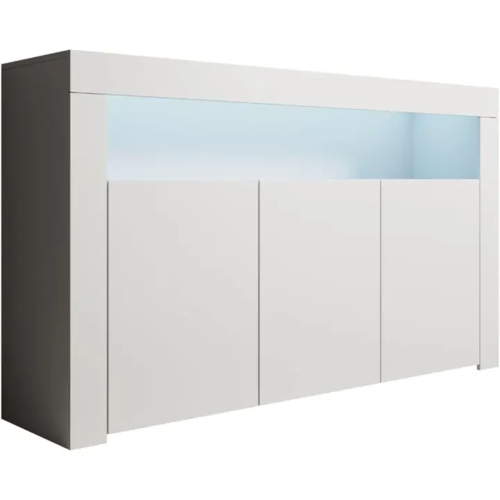 Aparador Aker con Luz LED y 3 Puertas Blanco Mate, 155x91,5x37 cm Ideal para Sala de Estar, Comedor, Mueble TV de Melamina - 1