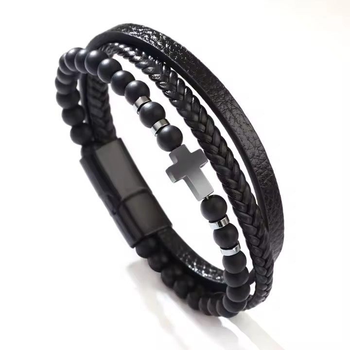 Pulseras Hombre 2025 with Cruz y Piedras Naturales, Diseño en Capas de Cuero sintético Tejido, Ojo de Tigre y Cuarzo Ahumado, Regalos para Hombre - 1