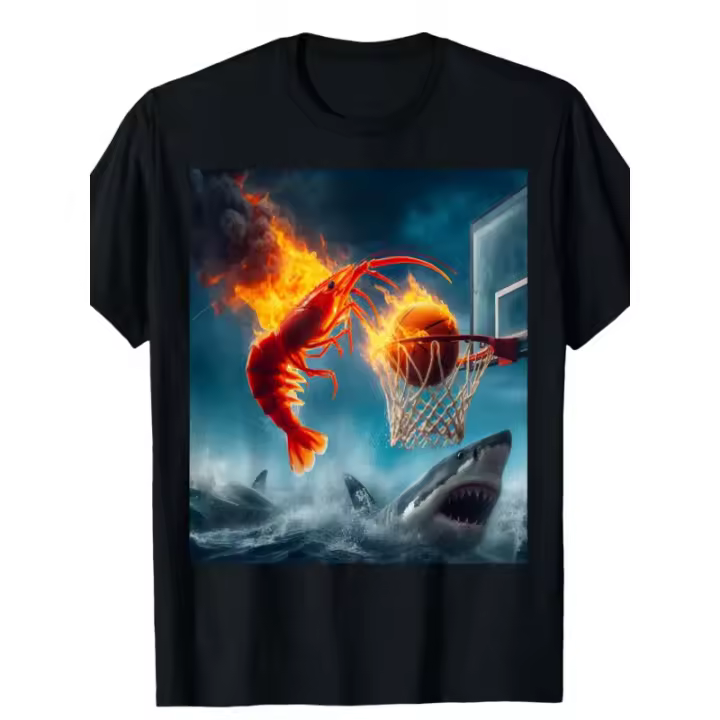 1pc Camiseta Casual de Algodón Unisex con Estampado de Camarones Enchufados en un Tiburón, Cuello Redondo, Manga Corta, Ligero Estiramiento, Transferencia Digital de Calor, Camiseta Gráfica de Meme de Pesca, 220gsm, S-XXXL - 1