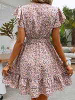 Mini Vestido Floral de Verano Cuello en V, Manga Corta con Volantes, Vestido Elegante de Línea A con Cinturón para Mujeres - details 4
