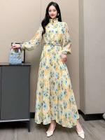 2024 nueva primavera otoño mujeres cuello con volantes manga cinturón ajustado largo dulce plisado dobladillo grande vestido de gasa ral - details 0