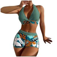 Bikini abierto con estampado de hojas retro en talla grande, conjunto de traje de baño de dos piezas con correas estables para mujer - details 15