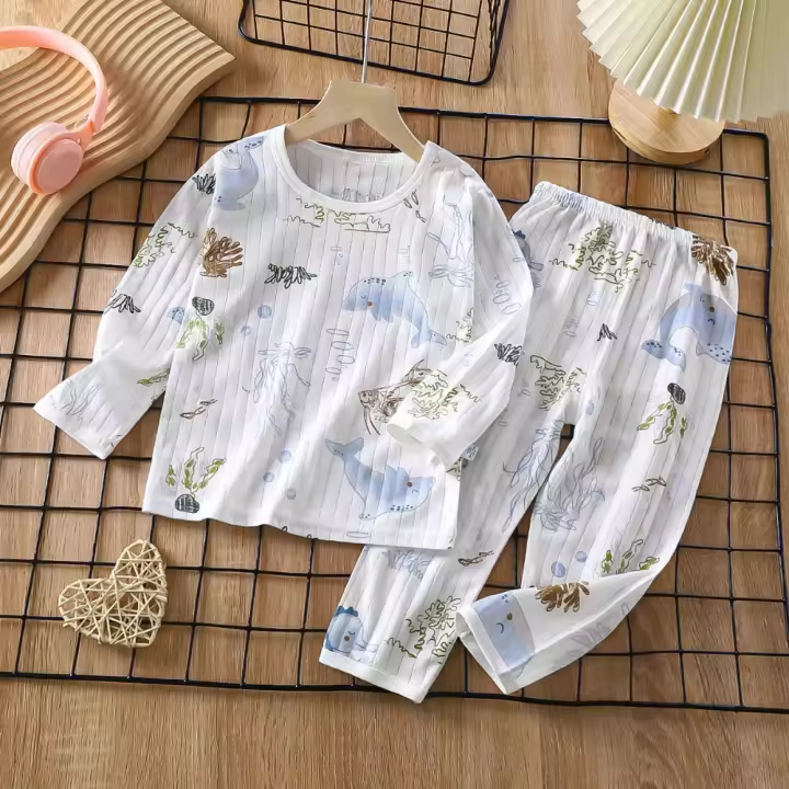 Nuevo Conjunto de ropa de dormir de algodón puro para niños, pijamas finos de manga larga de verano - 1
