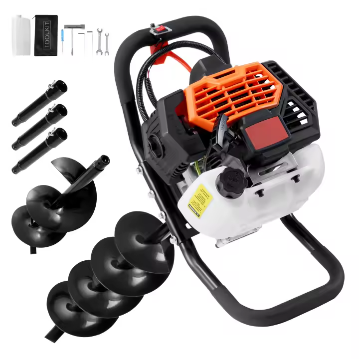 SucceBuy Excavadora de agujeros para postes con gasolina, barrena de tierra de 52 CC y 1450 W, brocas de 6" y 10" con 3 varillas de extensión, para plantas de jardín agrícola, naranja + negro - 1
