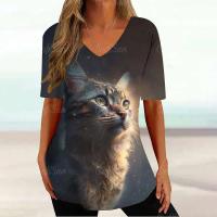 Camiseta Gráfica de Gato Kawaii Manga Corta, Estampado Haruku, Cuello en V, Ropa Suelta para Mujeres - details 25