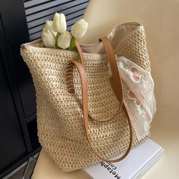 Bolso de mano Vintage para mujer, tejido de hombro, Color sólido, cinta de encaje, mimbre, paja Bohemia, Asa de playa, Beige - 1