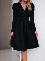Vestido elegante con cuello en V y manga G para mujer, ropa de color sólido, moda para otoño e invierno - details 7