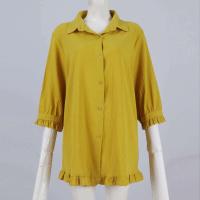 Camisa de algodón y lino de Color liso para mujer, con solapa y botones, manga corta con dobladillo, Top informal holgado, ropa de calle de otoño - details 15