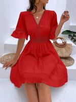 Vestido Blanco Puro de Verano Cintura de Encaje con Parche de Moda Cuello en V Manga Corta - details 12