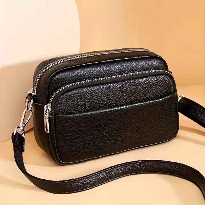 Elegante Bolso Cruzado de Cuero Genuino Cierre de Cremallera, Correa Ajustable, Borde Pintado - 1