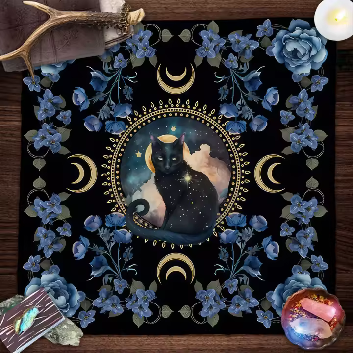Gato místico Luna wer, tela de lectura extendida, estera de Tarot botánico, decoración central de cabaña de altar de bruja - 1