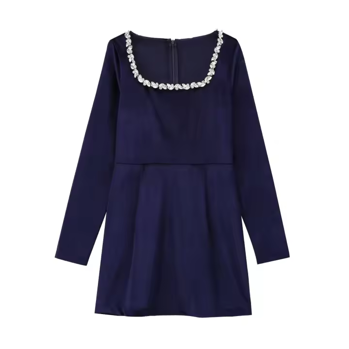Vestido Mini de Moda 2025 para Mujer con Cuello Cuadrado, Cintura con Cuentas Hechas a Mano, Manga Larga de Terciopelo, Elegante y Temperamental. - 1