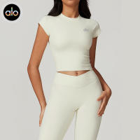 Alo yoga manga corta cuello redondo manga pequeña de vuelo running fitness manga corta deporte camiseta mujer skinness ropa de yoga de secado rápido - details 3