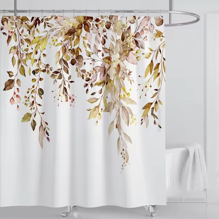 Tela de cortina de ducha de eucalipto verde esmeralda, hojas de plantas de acuarela con juego de cortina de ducha de baño floral con ganchos - 1