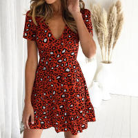 Vestido Midi de leopardo para mujer, falda de manga corta con cuello en V profundo - details 1