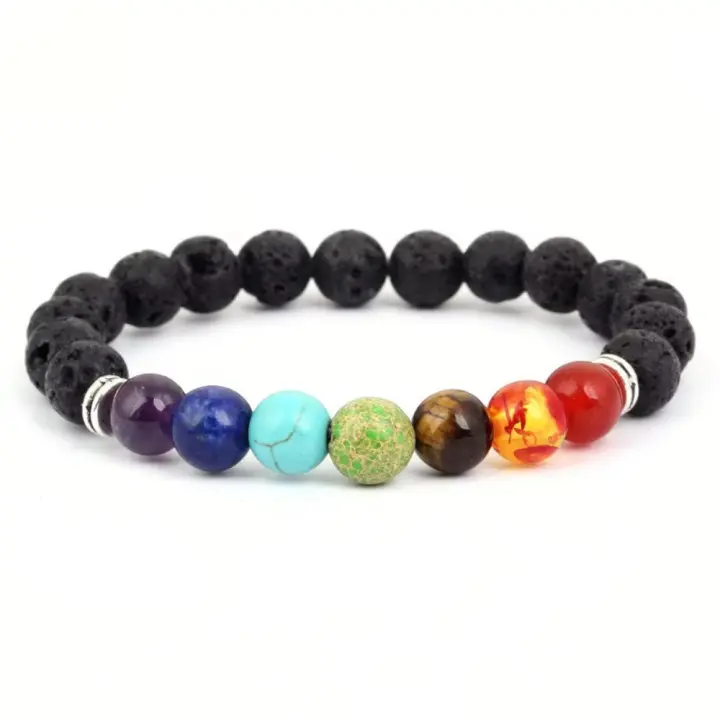 Pulsera de Yoga Vintage India Doble Capa de 7 Akas Mujeres Hombres Joyería de Sanación de Piedras Lava - 1