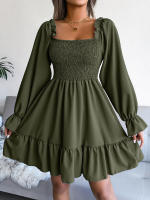 Vestido elegante de manga larga para mujer, falda de cuello cuadrado, de Color sólido vestido de volantes, moda de primavera y otoño - details 1