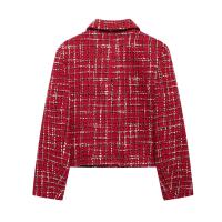 Abrigo de Moda de Otoño para Mujer Cuello Cerrado, Manga Larga, Textura a Cuadros Rojo, Abrigo Exterior Delgado con Bolsillos de Abrigo de Viento y Lluvia - details 3