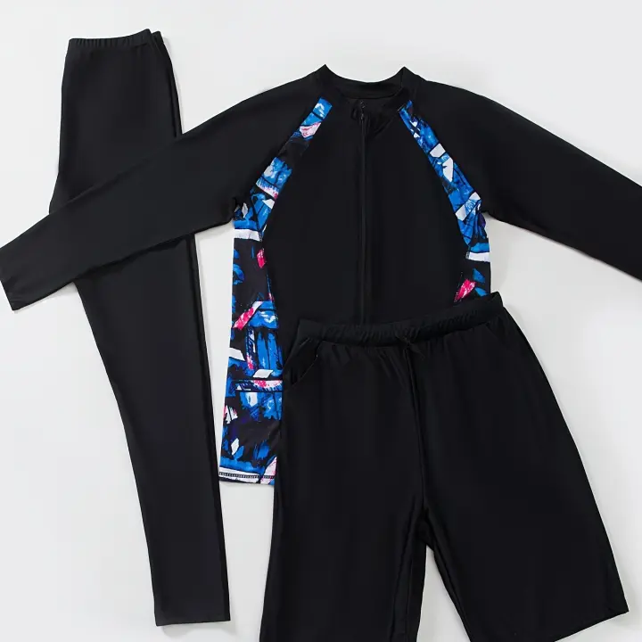 Traje de baño de surf para hombre, top con cremallera de manga larga a prueba de sol con mallas de cuerpo entero y 3 piezas - 1