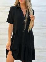 Vestido de algodón de manga corta blanco y lino a la moda para mujer, vestido cómodo informal holgado con botones para mujer 2024 - details 5