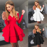 Vestido de fiesta de manga larga para mujer, de Color sólido ropa Sexy, cuello en V, hombros descubiertos, rojo, Otoño, 2024 - details 0