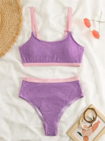 Conjunto de Bikini de cintura alta para mujer, traje de baño de color naranja liso, bañador de playa, Verano - details 11