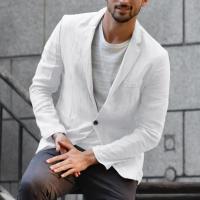 Blazer Delgado de Algodón y Lino para Hombres Color Sólido, Manga Larga, Bolsillos, Ligero para el Verano, Chaqueta Casual de Negocios - details 6