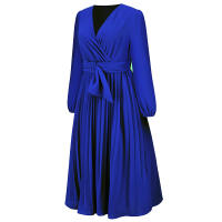 Vestidos largos informales para mujer, cuello en V, manga larga, cintura alta, Maxi, diario, Azul S - details 8
