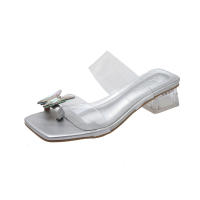 Nuevas Sandalias de Cristal Transparente para Mujer 2025 Zapatillas Exteriores de Tacón Grueso con Punta Cuadrada y Lazo - details 0