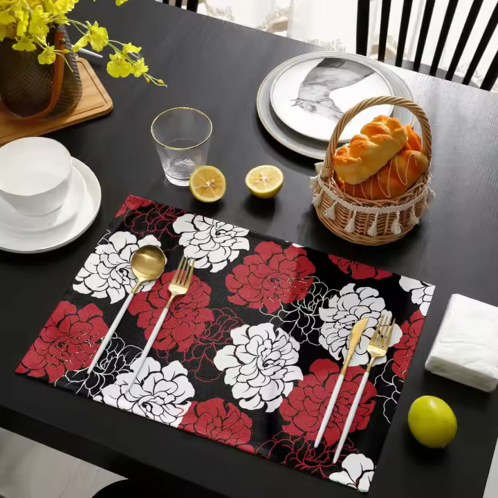 4 piezas de mantel de poliéster con estampado abstracto de peonías, reutilizable, antideslizante, lavable a máquina, resistente al calor - 1