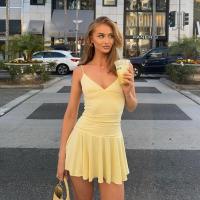 Vestido casual liso con hombros descubiertos, cuello en V, acampanado, sin mangas, estilo urbano, mini vestido, novedad de verano. - details 4
