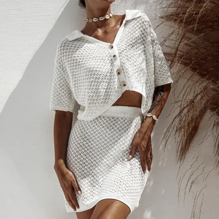 2025 verano transfronterizo europeo y americano nuevo conjunto de falda de punto de manga corta conjunto de dos piezas de moda casual mujeres - 1