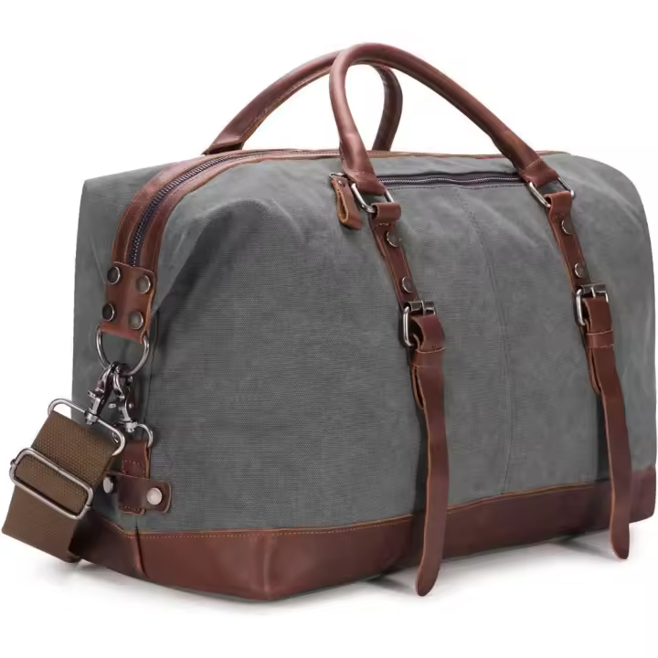 De cuero para hombre de la lona Bolso de viaje Travel Duffle Noche Fin de semana Satchel Totes Bolsa Bolsos (Gris) - 1