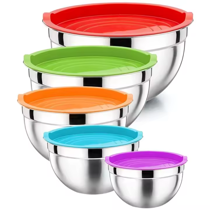 Cuenco con tapa para mezclar y servir, juego de 5 ensaladeras de anidación de acero inoxidable, para cocinar y hornear - 1
