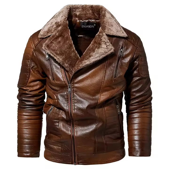 Chaqueta cálida informal de cuello redondo a la moda para hombre de algodón Thichen de cuero a la moda para hombre, - 1