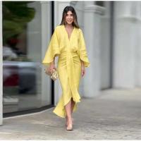 Elegante Vestido Medio de Pliegue Sólido Cuello en V, Mangas Acolchadas, Largo para el Verano 2024 - details 10