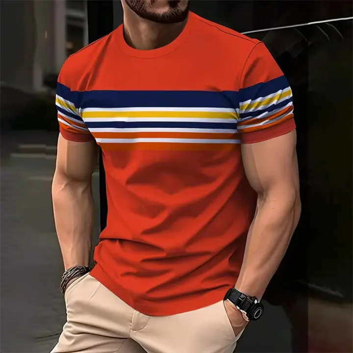 Camisetas a rayas simples a la moda para hombre, pantalón corto informal de verano de manga con estampado 3D de cuello redondo, ropa de calle de tendencia, camisetas - 1
