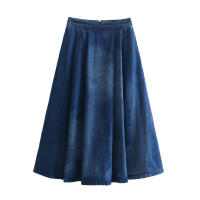 - Falda media casual de mezclilla plisada azul de cintura alta para mujer, holgada, a la moda, tendencia primavera otoño 2025 nueva - details 0
